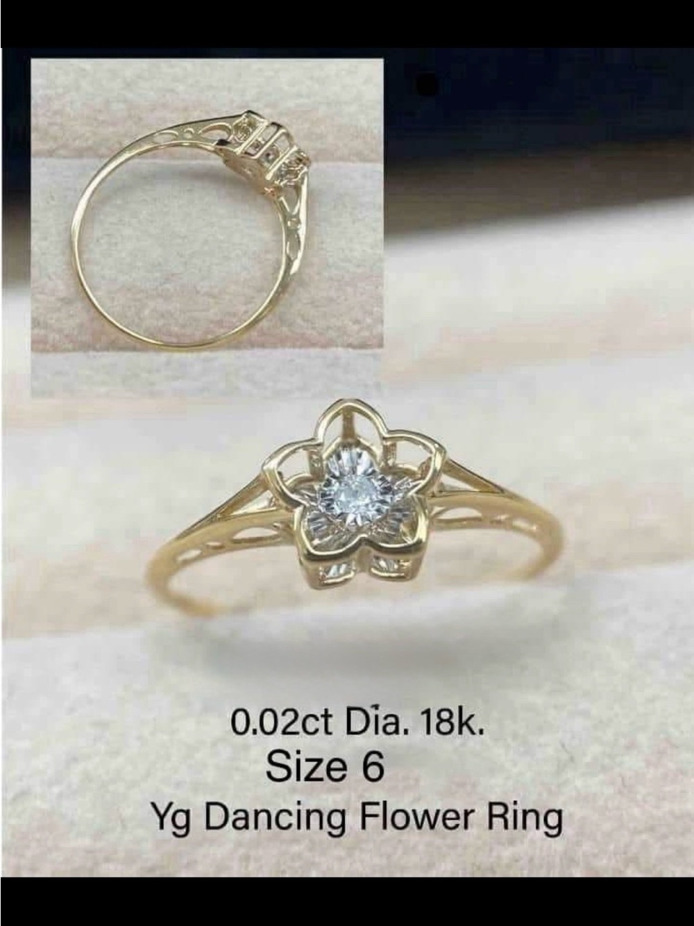 18K Yellow Gold Flower Diamond Ring - 0.02ct, Size 6